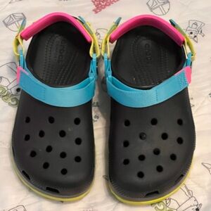 CROCS Black Mules with Blue and Pink Accents